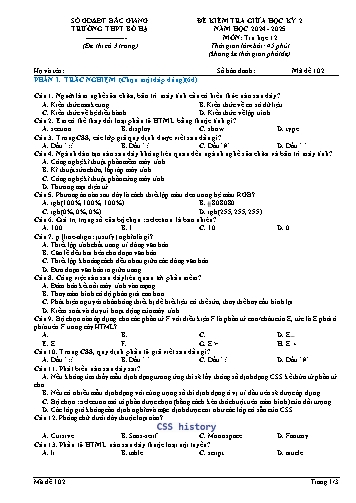 Đề kiểm tra giữa học kì II Tin học 12 - Mã đề 102 - Năm học 2024-2025 - Trường THPT Bố Hạ (Có đáp án + Ma trận)
