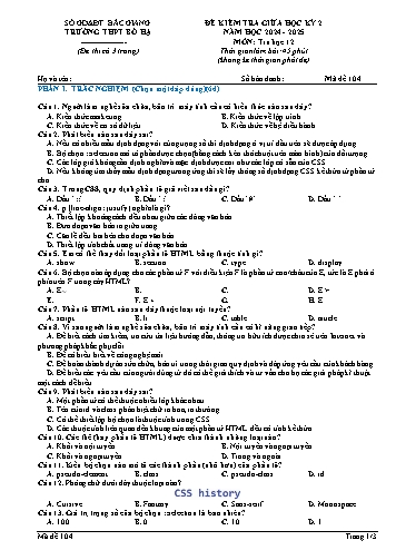Đề kiểm tra giữa học kì II Tin học 12 - Mã đề 104 - Năm học 2024-2025 - Trường THPT Bố Hạ (Có đáp án + Ma trận)