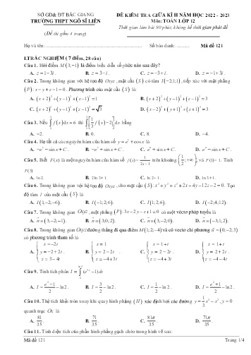 Đề kiểm tra giữa học kì II Toán 12 - Mã đề 121 - Năm học 2022-2023 - Trường THPT Ngô Sĩ Liên
