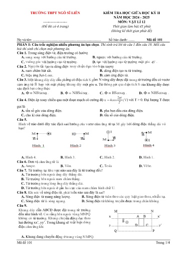 Đề kiểm tra giữa học kì II Vật lí 12 - Mã đề 101 - Năm học 2024-2025 - Trường THPT Ngô Sĩ Liên (Có đáp án + Ma trận)