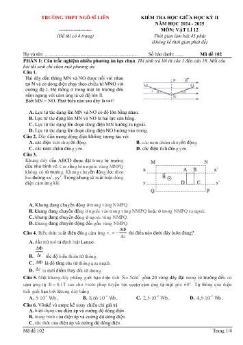 Đề kiểm tra giữa học kì II Vật lí 12 - Mã đề 102 - Năm học 2024-2025 - Trường THPT Ngô Sĩ Liên (Có đáp án + Ma trận)