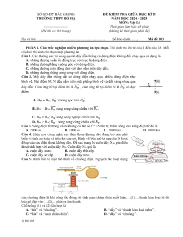 Đề kiểm tra giữa học kì II Vật lí 12 - Mã đề 103 - Năm học 2024-2025 - Trường THPT Bố Hạ (Có đáp án + Ma trận)