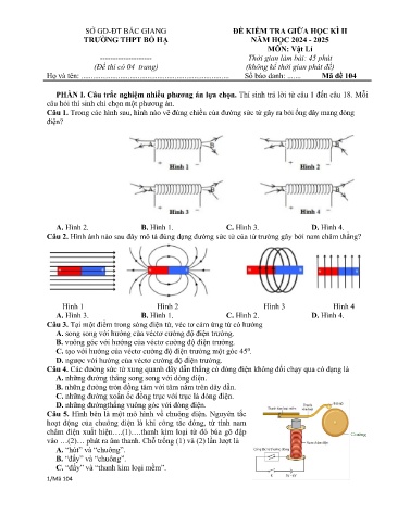 Đề kiểm tra giữa học kì II Vật lí 12 - Mã đề 104 - Năm học 2024-2025 - Trường THPT Bố Hạ (Có đáp án + Ma trận)
