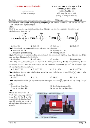Đề kiểm tra giữa học kì II Vật lí 12 - Mã đề 202 - Năm học 2024-2025 - Trường THPT Ngô Sĩ Liên (Có đáp án + Ma trận)