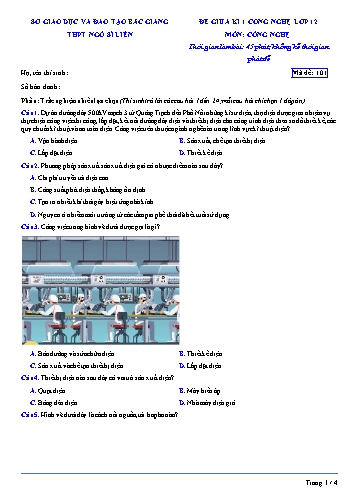 Đề kiểm tra giữa kì I Công nghệ 12 - Mã đề 101 - Trường THPT Ngô Sĩ Liên (Có đáp án + Ma trận)