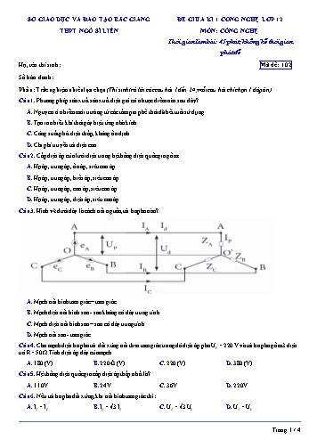 Đề kiểm tra giữa kì I Công nghệ 12 - Mã đề 102 - Trường THPT Ngô Sĩ Liên (Có đáp án + Ma trận)