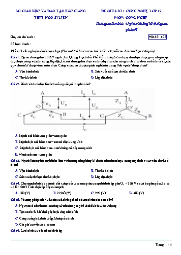 Đề kiểm tra giữa kì I Công nghệ 12 - Mã đề 103 - Trường THPT Ngô Sĩ Liên (Có đáp án + Ma trận)