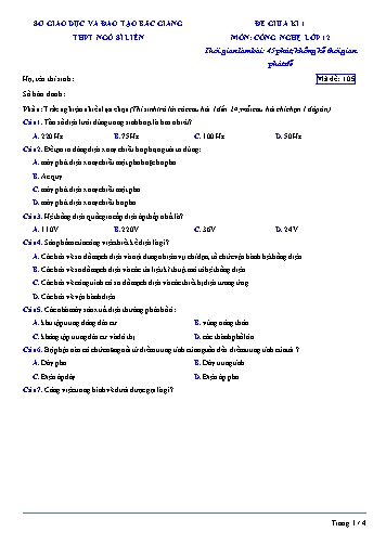 Đề kiểm tra giữa kì I Công nghệ 12 - Mã đề 105 - Trường THPT Ngô Sĩ Liên (Có đáp án + Ma trận)