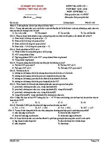 Đề kiểm tra giữa kì I Sinh học 12 - Mã đề 105 - Năm học 2024-2025 - Trường THPT Ngô Sĩ Liên (Có đáp án + Ma trận)
