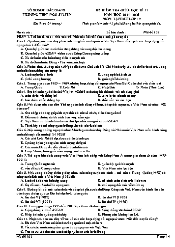 Đề kiểm tra giữa kì II Lịch sử 12 - Mã đề 102 - Năm học 2024-2025 - Trường THPT Ngô Sĩ Liên (Có đáp án + Ma trận)