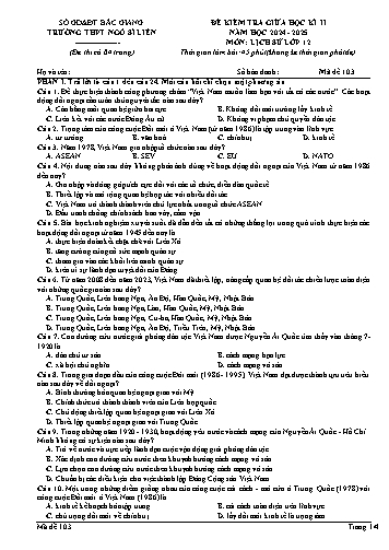 Đề kiểm tra giữa kì II Lịch sử 12 - Mã đề 103 - Năm học 2024-2025 - Trường THPT Ngô Sĩ Liên (Có đáp án + Ma trận)
