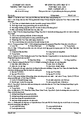 Đề kiểm tra giữa kì II Lịch sử 12 - Mã đề 104 - Năm học 2024-2025 - Trường THPT Ngô Sĩ Liên (Có đáp án + Ma trận)