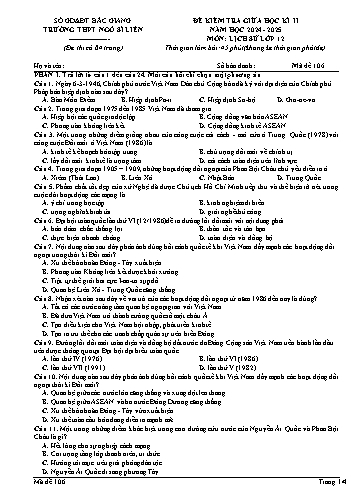 Đề kiểm tra giữa kì II Lịch sử 12 - Mã đề 106 - Năm học 2024-2025 - Trường THPT Ngô Sĩ Liên (Có đáp án + Ma trận)