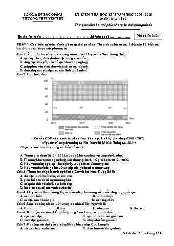 Đề kiểm tra học kì II Địa lí 12 - Mã đề 0601 - Năm học 2024-2025 -Trường THPT Yên Thế (Có đáp án)
