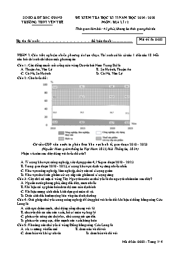Đề kiểm tra học kì II Địa lí 12 - Mã đề 0602 - Năm học 2024-2025 -Trường THPT Yên Thế (Có đáp án)