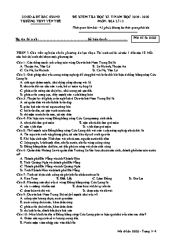 Đề kiểm tra học kì II Địa lí 12 - Mã đề 0603 - Năm học 2024-2025 -Trường THPT Yên Thế (Có đáp án)