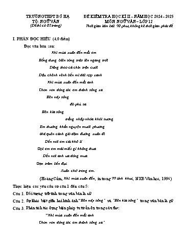 Đề kiểm tra học kì II Ngữ văn 12 - Năm học 2024-2025 - Trường THPT Bố Hạ (Có đáp án + Ma trận)