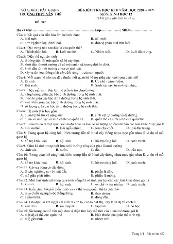 Đề kiểm tra học kì II Sinh học 12 - Mã đề 682 - Năm học 2020-2021 - Trường THPT Yên Thế (Có đáp án)
