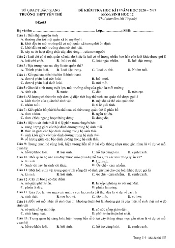 Đề kiểm tra học kì II Sinh học 12 - Mã đề 683 - Năm học 2020-2021 - Trường THPT Yên Thế (Có đáp án)