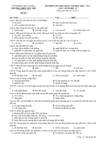 Đề kiểm tra học kì II Sinh học 12 - Mã đề 684 - Năm học 2020-2021 - Trường THPT Yên Thế (Có đáp án)