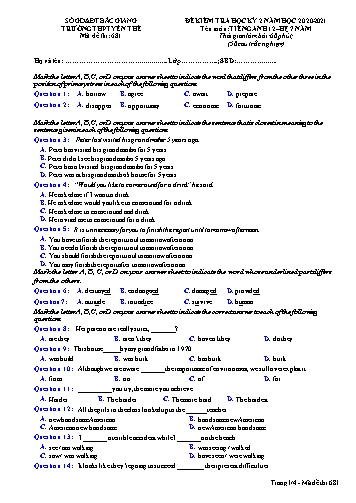 Đề kiểm tra học kì II Tiếng Anh 12 (Hệ 7 năm) - Mã đề 681 - Năm học 2020-2021 - Trường THPT Yên Thế (Có đáp án)