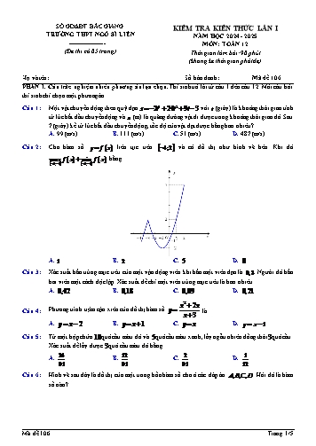 Đề kiểm tra kiến thức Toán 12 (Lần 1) - Mã đề 106 - Năm học 2024-2025 - Trường THPT Ngô Sĩ Liên (Có đáp án + Ma trận)