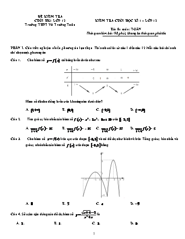 Đề kiểm tra minh họa cuối học kì I Toán 12 - Trường THPT Võ Trường Toản (Có đáp án)