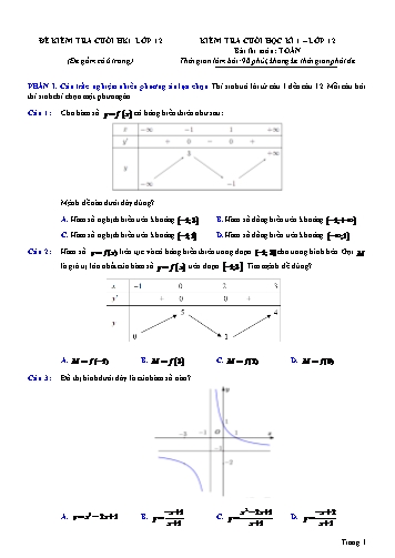 Đề kiểm tra môn Toán Khối 12 cuối học kì I (Có đáp án)