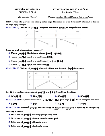 Đề kiểm tra môn Toán Lớp 12 cuối học kì I (Có đáp án)