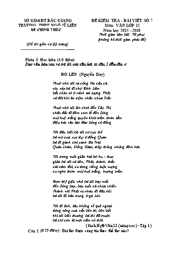 Đề kiểm tra Ngữ văn 12 - Bài viết số 7 - Năm học 2015-2016 - Trường THPT Ngô Sĩ Liên (Có đáp án)