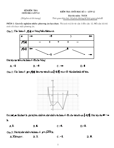 Đề kiểm tra Toán Khối 12 cuối học kì I (Có đáp án)