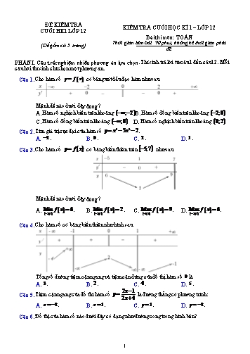 Đề kiểm tra Toán Lớp 12 cuối học kì I (Có đáp án)