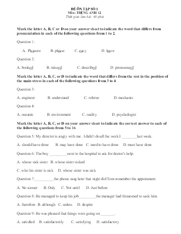 Đề ôn tập Covid 19 Tiếng Anh 12 - Đề số 1