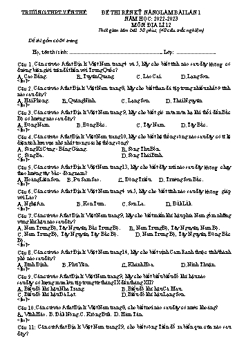Đề rèn kĩ năng Địa lí 12 (Lần 1) - Năm học 2022-2023 - Trường THPT Yên Thế (Có đáp án)
