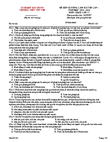 Đề rèn kĩ năng GDCD 12 (Lần 1) - Mã đề 102 - Năm học 2022-2023 - Trường THPT Yên Thế (Có đáp án)