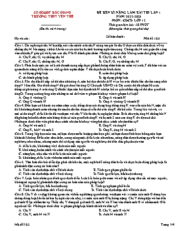 Đề rèn kĩ năng GDCD 12 (Lần 1) - Mã đề 103 - Năm học 2022-2023 - Trường THPT Yên Thế (Có đáp án)