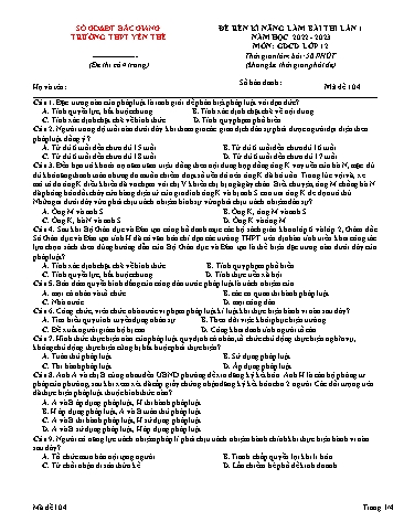 Đề rèn kĩ năng GDCD 12 (Lần 1) - Mã đề 104 - Năm học 2022-2023 - Trường THPT Yên Thế (Có đáp án)