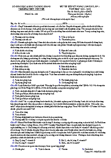 Đề rèn kĩ năng GDCD 12 (Lần 1) - Mã đề 681 - Năm học 2021-2022 - Trường THPT Yên Thế (Có đáp án)