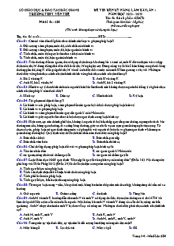 Đề rèn kĩ năng GDCD 12 (Lần 1) - Mã đề 684 - Năm học 2021-2022 - Trường THPT Yên Thế (Có đáp án)