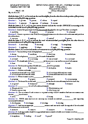 Đề rèn kĩ năng Tiếng Anh 12 (Lần 1) - Mã đề 681 - Năm học 2022-2023 - Trường THPT Yên Thế (Có đáp án)