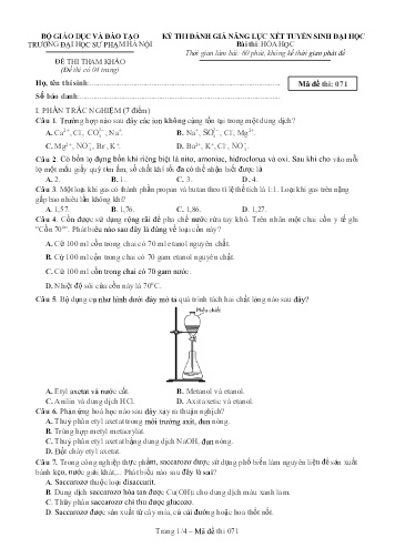 Đề thi đánh giá năng Hóa học 12 - Mã đề 071 - Trường Đại học Sư phạm Hà Nội