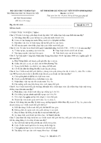 Đề thi đánh giá năng Lịch sử 12 - Mã đề 071 - Trường Đại học Sư phạm Hà Nội