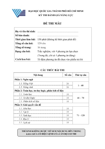 Đề thi đánh giá năng lực các môn Khối 12 - Đại học quốc gia Thành phố Hồ Chí Minh