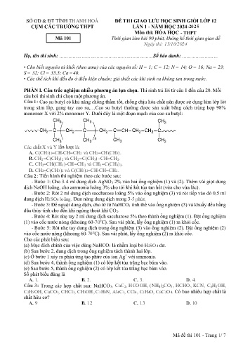 Đề thi giao lưu HSG Hóa học 12 - Mã đề 101 - Năm học 2024-2025 - Sở GD&ĐT Thanh Hóa