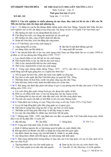 Đề thi giao lưu HSG Lịch sử 12 - Mã đề 101 - Năm học 2024-2025 - Sở GD&ĐT Thanh Hóa