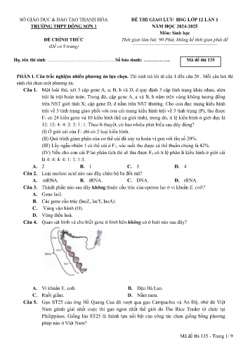 Đề thi giao lưu HSG Sinh học 12 - Mã đề 135 - Năm học 2024-2025 - Trường THPT Đông Sơn 1