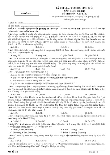 Đề thi giao lưu HSG Vật lí 12 - Mã đề 124 - Năm học 2024-2025