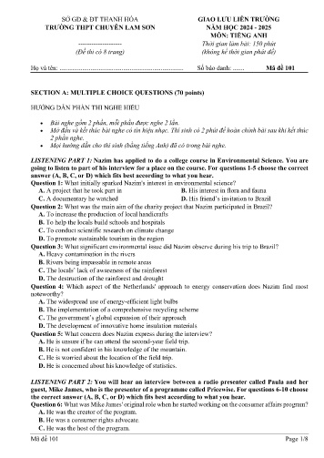 Đề thi giao lưu liên trường Tiếng Anh 12 - Mã đề 101 - Năm học 2024-2025 - Trường THPT Chuyên Lam Sơn