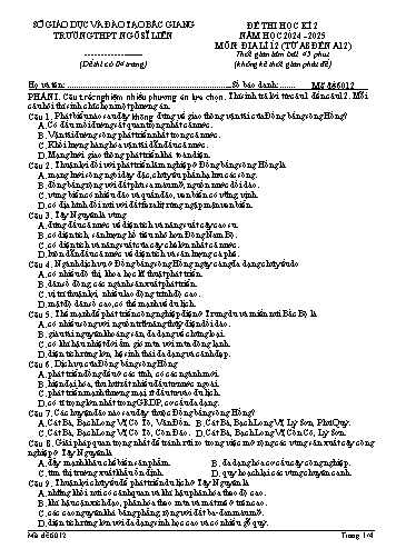 Đề thi học kì II Địa lí 12 - Mã đề 6012 - Năm học 2024-2025 - Trường THPT Ngô Sĩ Liên (Có đáp án + Ma trận)