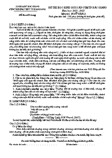 Đề thi HSG cấp Cụm Ngữ văn 12 - Năm học 2022-2023 - Sở GD&ĐT Bắc Giang (Có đáp án)